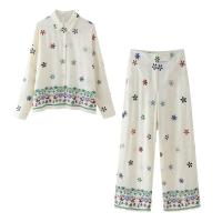 BUNO-Conjunto de camisa y pantalones con estampado bordado para mujer, camisa holgada de un solo pecho, pantalones de pierna ancha, informal, 2 piezas, verano, 2025 - details 2