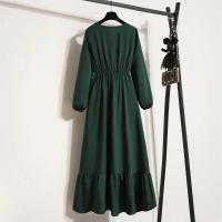 Vestido largo ajustado a la cintura con jersey de manga larga de color liso para mujer - details 15
