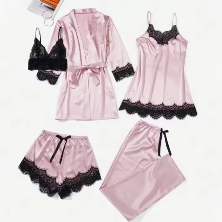 Conjunto De Pijama De Seda Para Mujer, 5 Piezas, Lencería Sexy De Encaje, Camisola Y Pantalones, Ropa Interior Para Dormir En Casa - 1