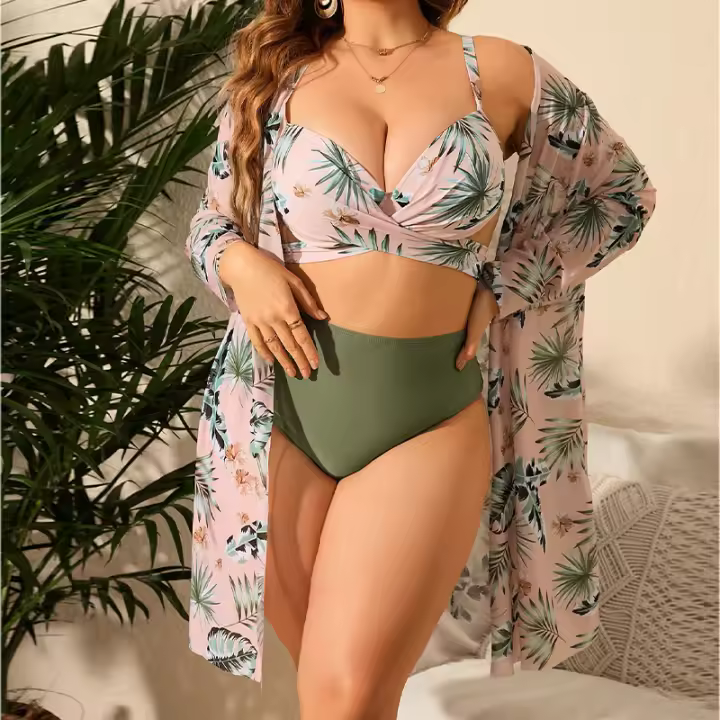 Nuevo traje de baño de bikini dividido de tres piezas de malla con bolsa dura de talla grande y gordo para mujer - 1