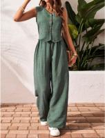 Conjunto de Lino para Mujer Verano 2025 Chaleco Abotonado con Cuello V y Pantalón Ancho - details 2