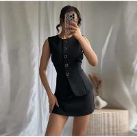 Mini vestido informal para mujer, cinturón ajustado, primavera verano, cuello redondo, Top sin mangas, falda por encima de la rodilla, conjuntos de mujer Vintage falso de dos piezas - details 28