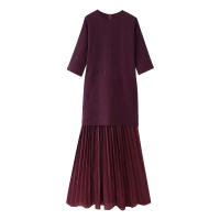 TRAFZA-vestido largo Vintage de manga corta con cremallera trasera para mujer, vestido plisado de punto con cuello redondo, decoración de empalme, primavera 2025 - details 10