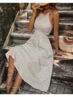 Vestido sin mangas con cintura hueca, estampado floral, elegante, cuello semialto - details 0