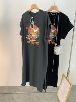 Camiseta de manga corta Retro americana para mujer, falda, vestido largo informal holgado de talla grande con abertura, novedad de verano 2025 - details 2