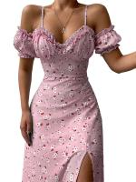 Sexy sin mangas con estampado bandeau y falda del vientre a la pantorrilla para mujer, vestido con tirantes de moda floral dividido - details 1