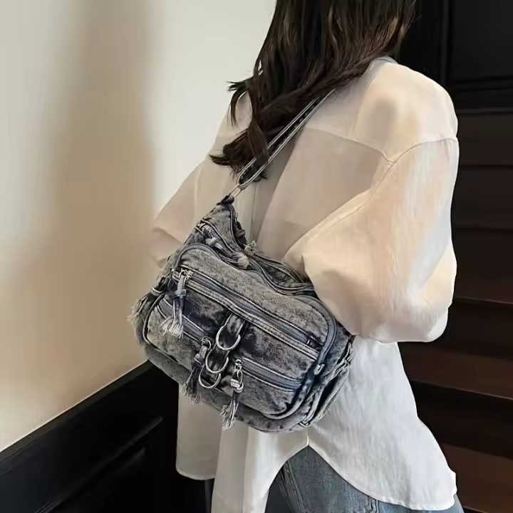 Bolso de hombro de mezclilla para mujer, bandolera de color sólido a la moda con correa ajustable, cierre de cremallera, forro de poliéster, bolso de viaje estilo coreano - 1