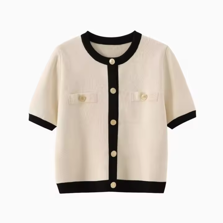 BUNO- chaqueta de punto de verano para mujer, nueva moda informal, clásico, cuello redondo, un solo pecho, suéter de manga corta, abrigo, Tops - 1