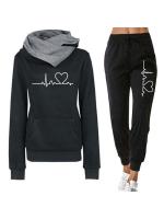 Conjunto De Ropa De Mujer Con Capucha Doble Y Estampado De Corazón 2 Piezas Camiseta De Manga Larga Y Pantalones Casuales Para Otoño E Invierno - details 5