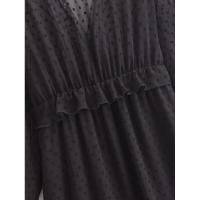 Primavera 2025, Vestido de Mujer con Volantes de Puntos de Malla, Cuello en V y Cintura Elástica, Corte en A, Vestidos Largos Negros - details 14