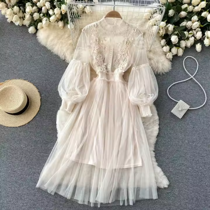 Vestido de mujer de cintura alta y delgada con estilo de malla de flores tridimensional - 1