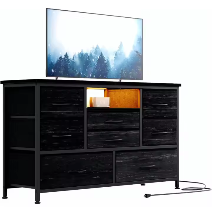 8 Cómoda para TV con Toma de Corriente y LED para TV de 55'', Cómoda Larga para Dormitorio con 8 Cajones Profundos, Mesa Consola Ancha para Almacenamiento en Armario, Sala de Estar, Entrada, Tapa de Madera - 1