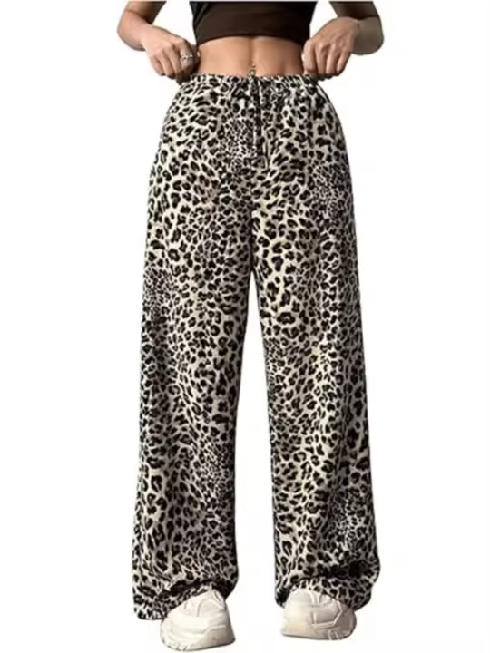 Pantalones de verano para mujer rectos de cintura alta con estampado de leopardo cómodos y elásticos - 1