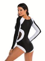 Traje de baño de una pieza con mangas largas y detalles de colores contrastantes, traje de surf y buceo de corte alto con - details 7