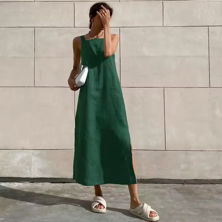 Vestido de tirantes divididos sueltos de algodón verde de nuevo estilo de verano para mujer - 1