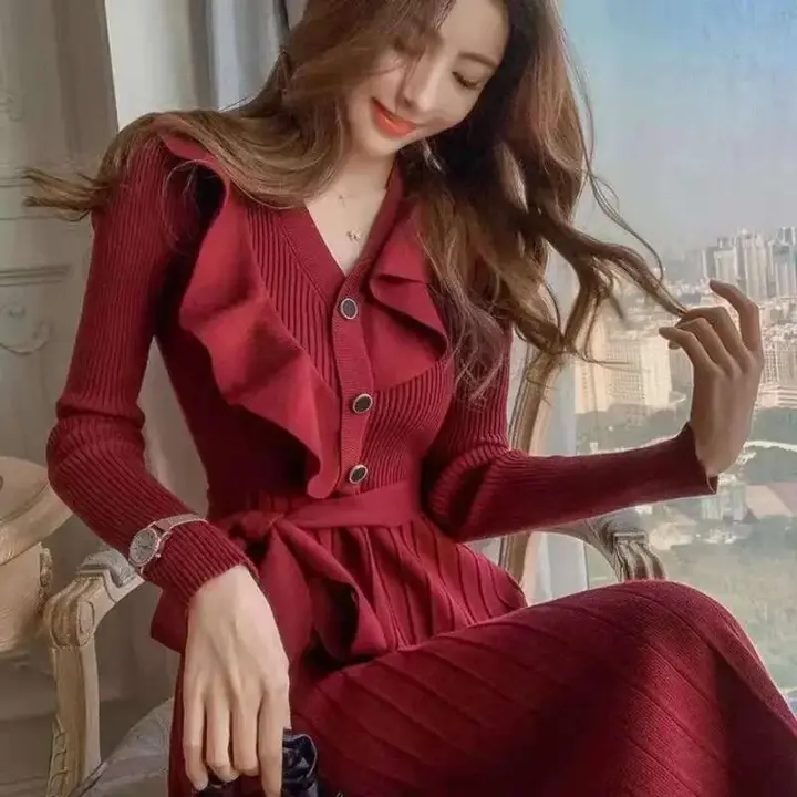 Kimotimo temperamento vestido de punto mujeres Otoño Invierno volantes cuello en V cintura ajustado plisado A-e manga larga suéter vestidos - 1