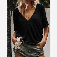 Bay Camiseta informal de manga corta con cuello en V profundo para mujer, nuevo estilo europeo y americano, top en seis colores en stock - details 5