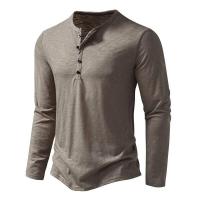 Camisa de cuello Henley de algodón para hombre, camisetas de moda de color sólido con botones informales de manga larga - details 10