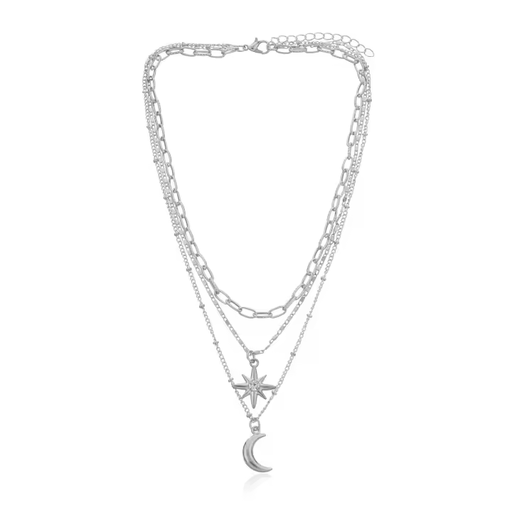 Collar con colgante de media luna tridimensional a la moda para mujer, collar con hexagrama de diamante de temperatura multicapa - 1