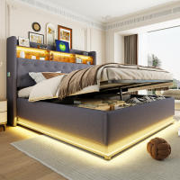 Cama tapizada LED 180 x 200 cm, Cama acolchada con puerto de carga USB y almacenamiento hidráulico, tela de lino agradable para la piel, Gris (Sin colchón) - details 9