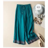 Pantalones de lino y algodón de cintura alta para mujer, pantalón de pierna ancha, largo, elástico, informal, liso, bordado, moda coreana, 2024 - details 1