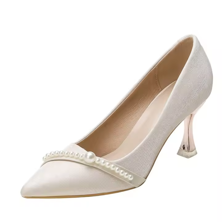 Nuevos y hermosos zapatos de boda de champán francés, nicho de las mujeres, temperamento de alta gama, barra de perlas, zapatos de dama de honor mitzvah, tacones altos. - 1