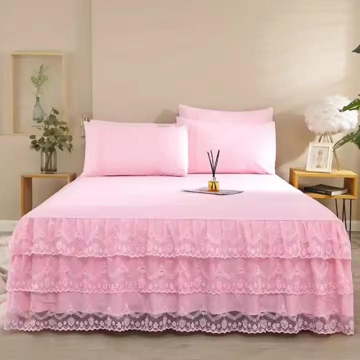 Funda de cama de encaje de lujo, Sábana de falda de tamaño Queen/King, faldas de cama lisas de Color sólido para cama doble - 1