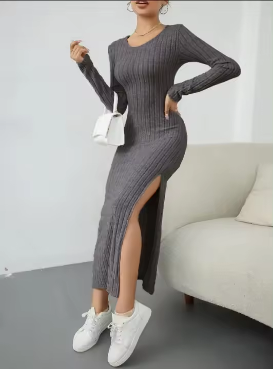 Falda larga de punto con cuello redondo abierto y mangas para mujer de otoño e invierno - 1