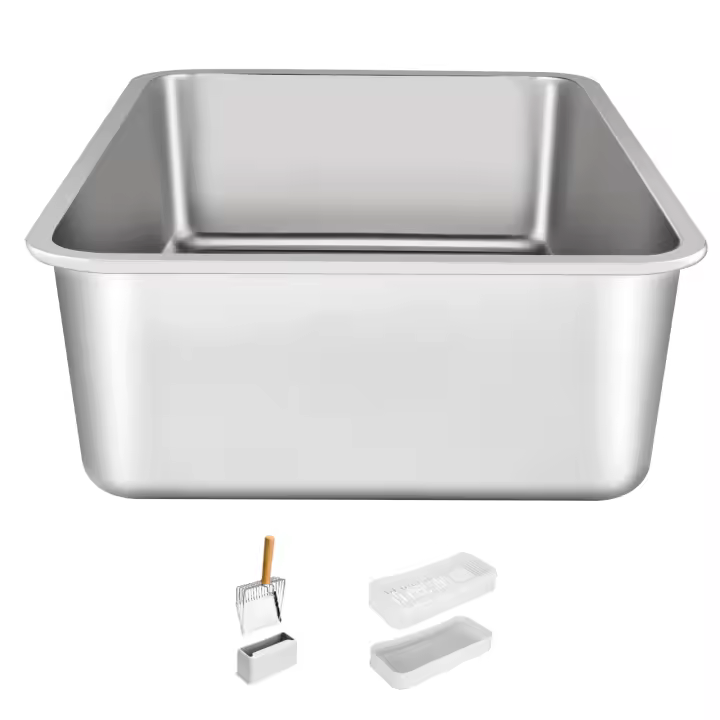 SucceBuy XL Caja de arena para gatos, caja de arena para gatos de acero inoxidable extra grande con pala, cerrada sin olores, lados altos, 6 pulgadas de profundidad, fácil de limpiar para gatos grandes - 1