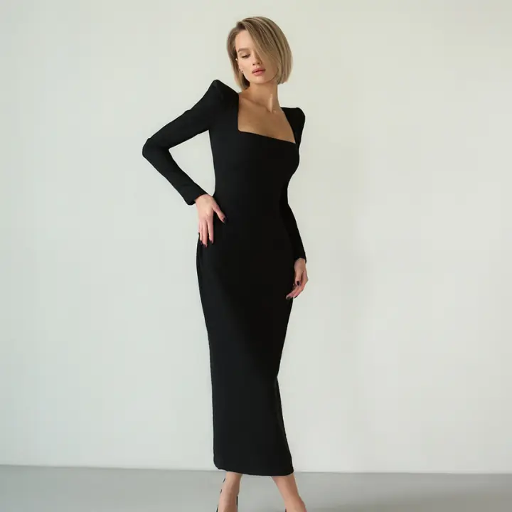Ropa de mujer negra Hepburn francesa, cuello cuadrado ceñido a la cintura, manga larga, otoño - 1