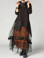 Vestido negro de talla grande para mujer, de malla transparente, con retazos, manga larga, cuello vuelto, informal, Vintage, High Street, 2024 - details 0