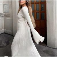 Vestido largo de punto con mangas acampanadas y dobladillo con volantes para mujer, Vestido elegante con espalda descubierta y cuello redondo con cordones, batas de vacaciones para mujer - details 9