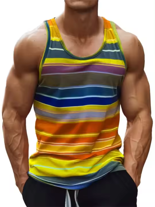 Camiseta informal sin mangas con estampado de rayas de arcoíris y cuello redondo multicolor para hombre, chaleco sin mangas sencillo a la moda de verano, ropa transpirable para hombre - 1