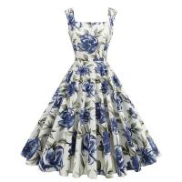 Vintage Spaghetti Straps ral Print Holiday Sin mangas Años 50 Fiesta en la playa Estilo Hepburn Verano Swing Flare Tea Vestido casual - details 10