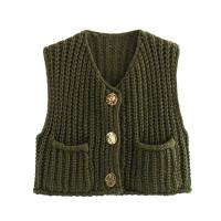 Chaleco de Punto sin Mangas de Moda Coreana para Mujer Cuello en V, Botón Azul, Bolsillos de Adelante, Rojo - details 6