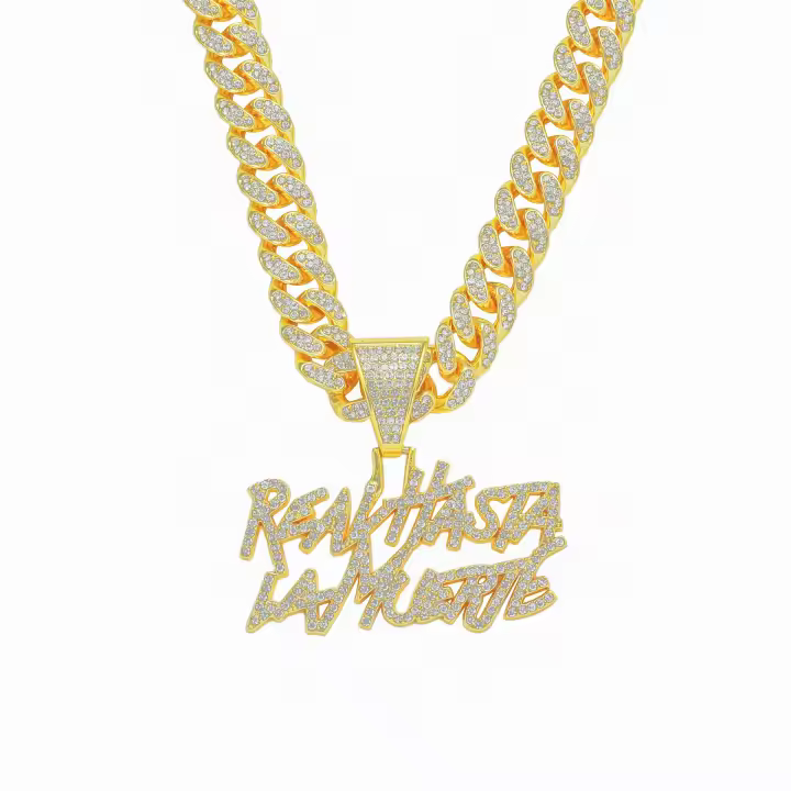 Collar Hip Hop Dorado con Letras de Diamantes - Cadena Curb Grande y Colgante Personalizado - 1