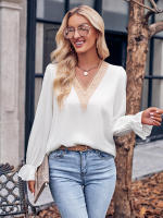 Blusa de retazos de encaje hueco para mujer, elegante camisa de manga larga para oficina, Tops elegantes sólidos sueltos, ropa de moda de otoño - details 2