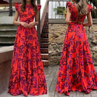 2025 Vestido con colgante de volantes largos y cuello redondo estampado para mujer con dopamina - details 1