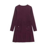 Vestidos cortos de punto plisados ​​con dobladillo para mujer, minivestido de manga larga con cuello redondo y bolsillos, Otoño e Invierno - details 0