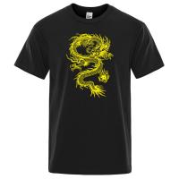 Camiseta holgada de algodón para hombre, ropa de calle de gran tamaño, transpirable, con estampado de dragón amarillo, estilo chino - details 7