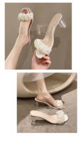 Nuevo estilo de hadas transparente tacón grueso cabeza cuadrada zapatillas frescas plisadas zapatillas de tacón alto de verano mujer - details 7