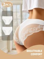 2 piezas de bragas de cintura media de encaje en contraste para mujer, bragas ligeras transpirables sin costuras, detalle de monograma sexy, ribete de encaje de moda primavera/verano, tejidos suaves - details 9