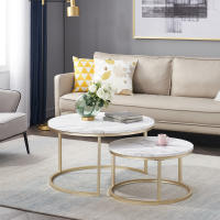 Mesa de centro con textura de mármol para sala de estar, 2 piezas, sofá lateral, mesa redonda de té, 2 en 1, combinación de muebles, Blanco dorado - details 3
