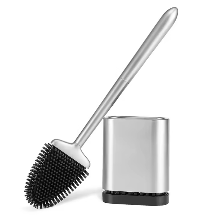 Escobilla de baño de silicona, cabeza plana de mano larga, cepillo de limpieza independiente/montado en la pared - plata mate - 1