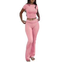Jersey de cuello redondo, camiseta de manga corta, cintura alta, pantalones acampanados de yoga informales, conjunto deportivo - details 5