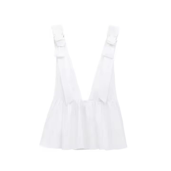 OUWU- Top con cuello en V y lazo para mujer, decoración de color sólido, primavera/novedad de verano, ropa informal para mujer - 1
