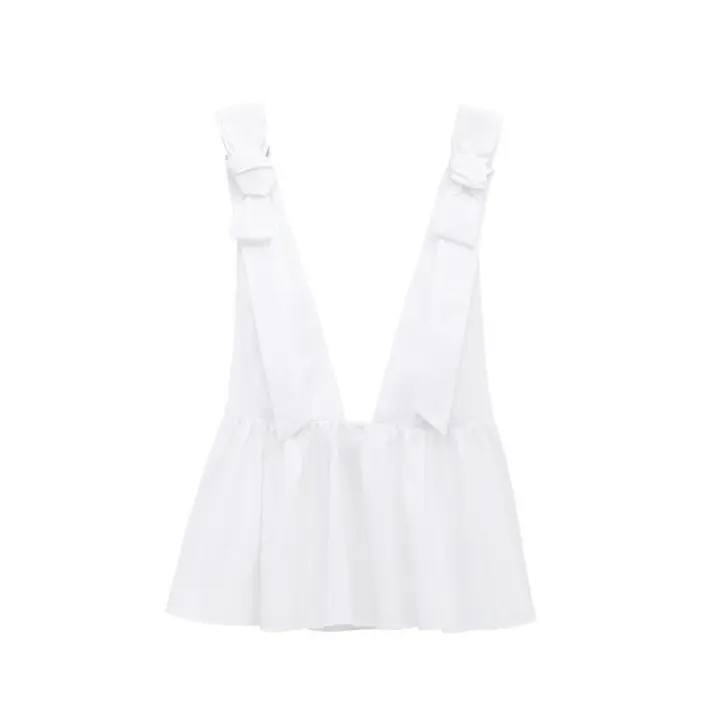 OUWU- Top con cuello en V y lazo para mujer, decoración de color sólido, primavera/novedad de verano, ropa informal para mujer - 1