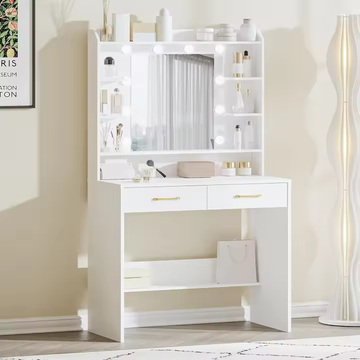 con espejo y luz LED, estilo moderno, estación de maquillaje con estantes abiertos y 2 cajones, para dormitorio, salón, 40 x 80 x 149 cm, blanco DT08203X - 1