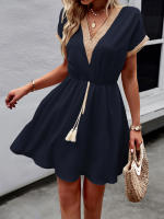 DamasVVestido de manga larga con cuello de linternas, vestido de camisa de longitud media con borla, cinturón, Vestido de playa - details 5