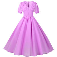 Elegante vestido de fiesta largo de gasa con cuello en V, mangas cortas tipo farol y color sólido para mujer, verano. - details 25